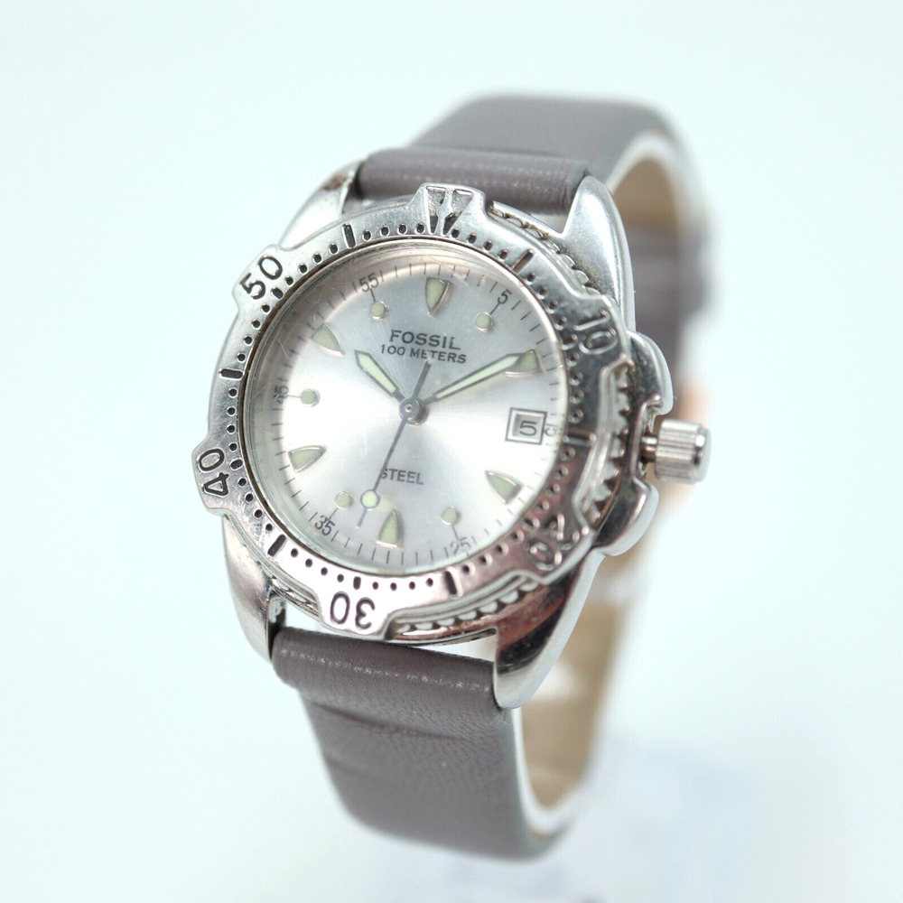 Fossil Steel Watch 32mm Silver Tone Date Dial 100m Gray Vegan Leather FS-2525